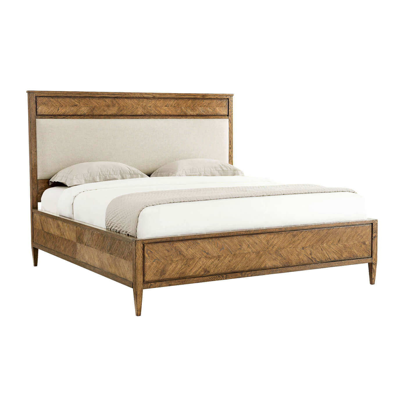 Light oak king bed, side angle, parquet detail.