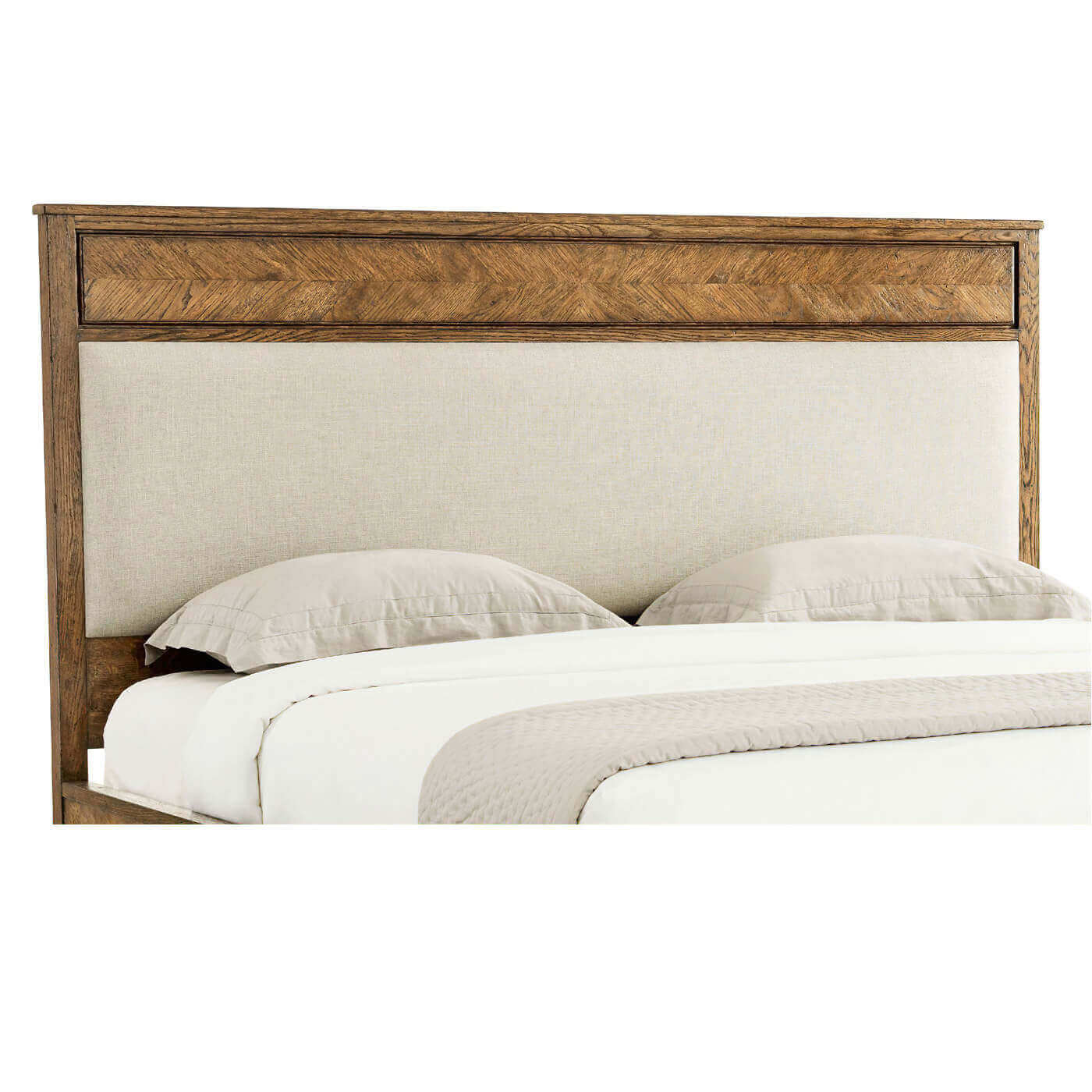 Light oak king bed, headboard with cushions.