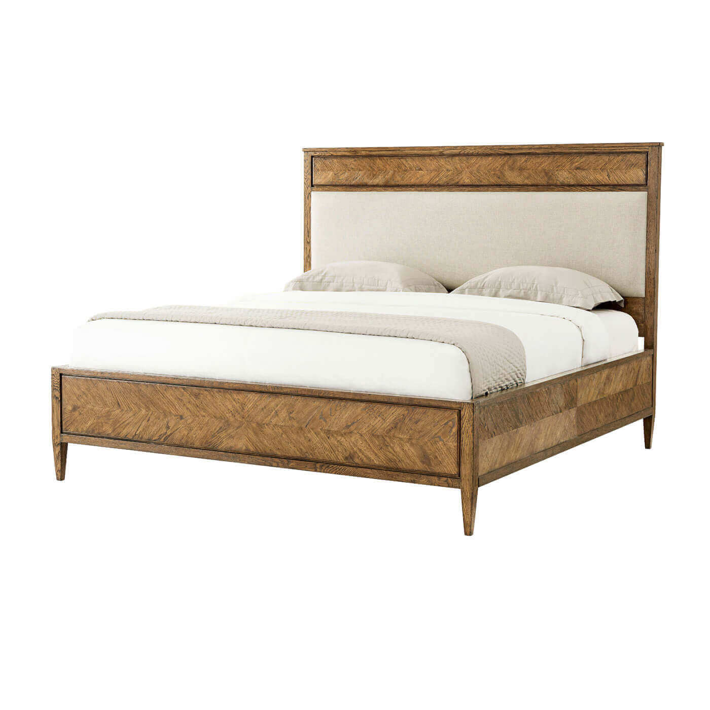 Light oak king bed, full view, wooden frame.