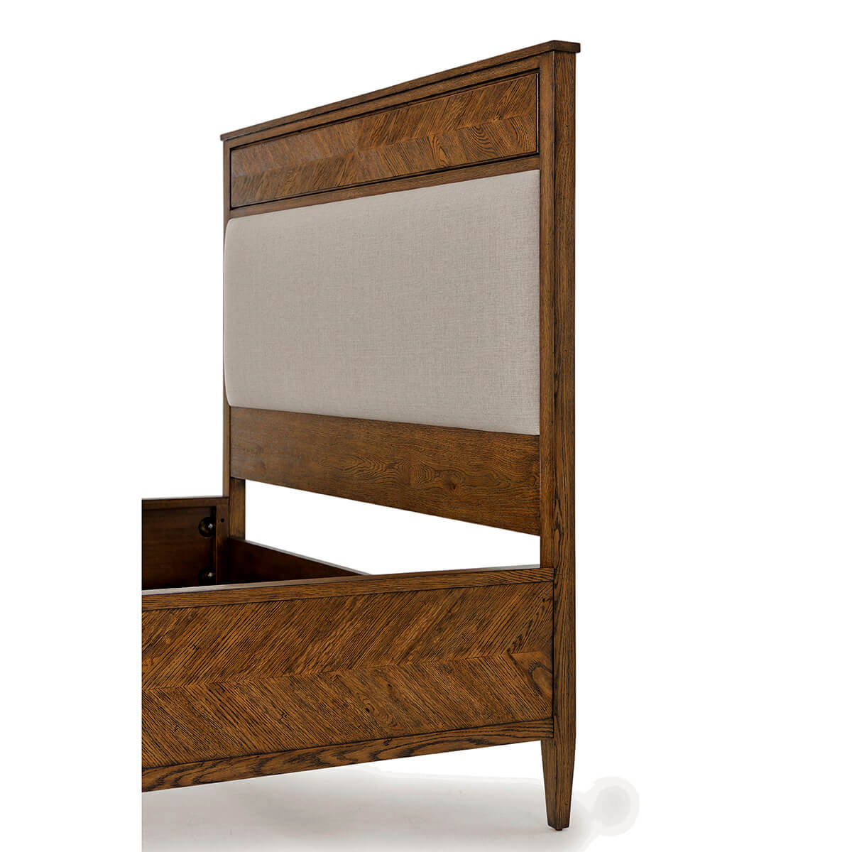 Wooden queen bed headboard, angled view showing texture.
