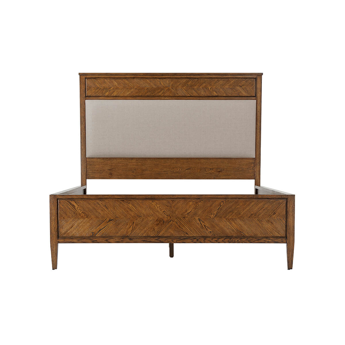 Wooden queen bed frame, headboard and footboard front view.