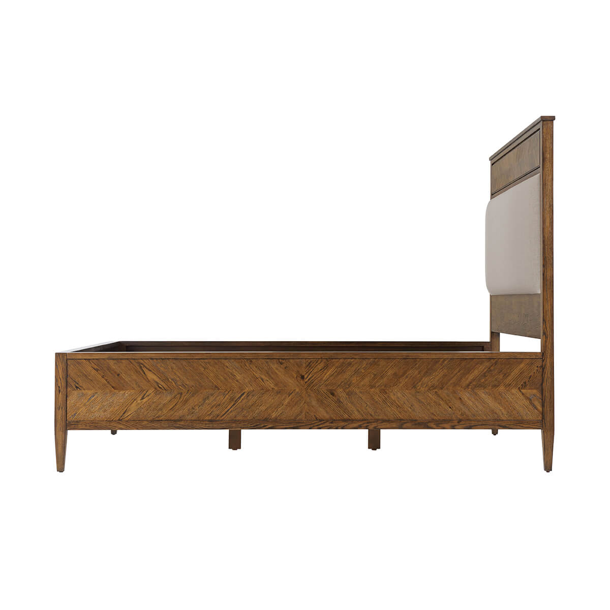 Wooden queen bed profile, side view showing details.
