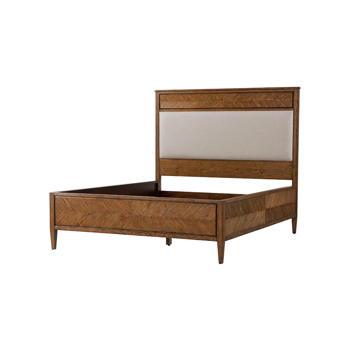 Wooden queen bed frame, left side angle view.