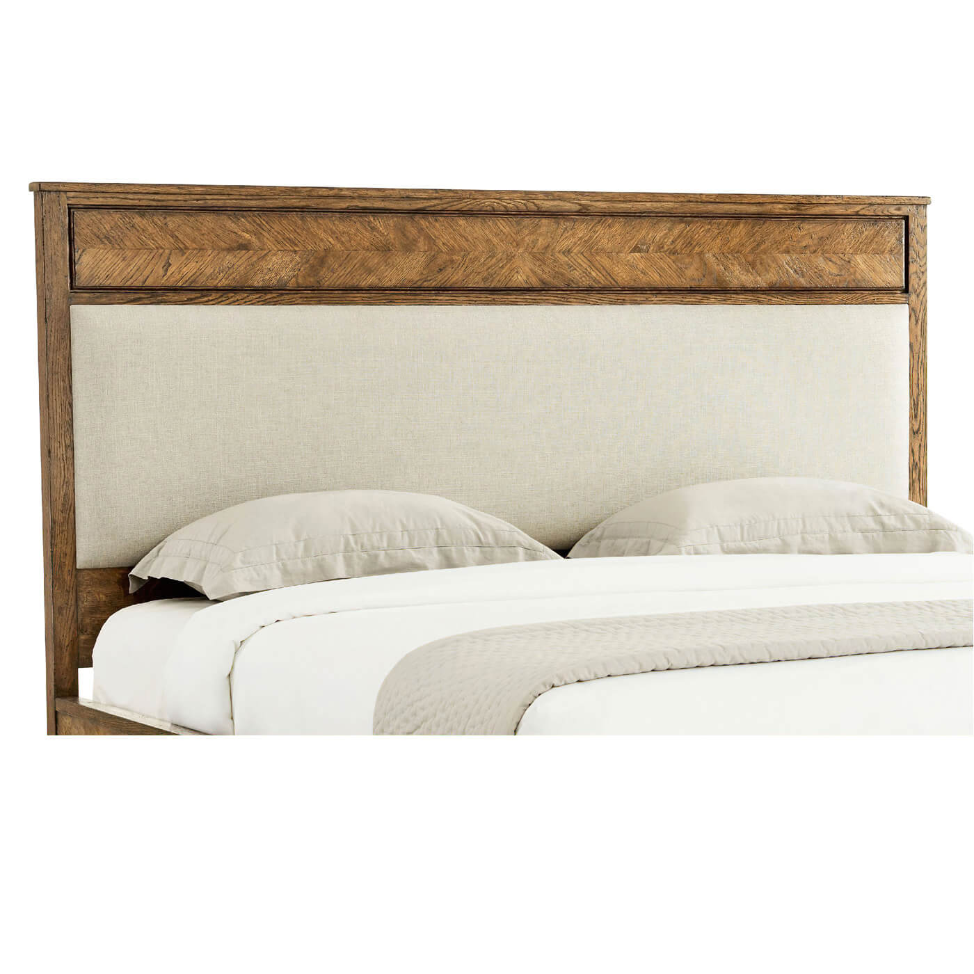 Headboard detail, light oak queen bed, beige upholstery.