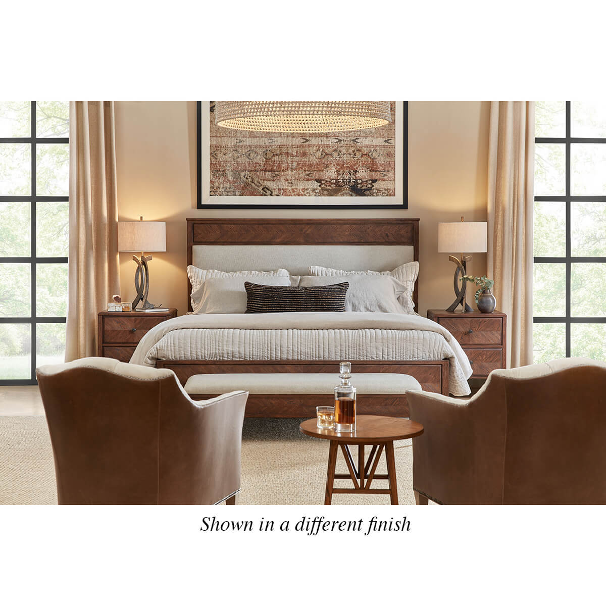 Bedroom scene, queen bed with different finish, styled room.