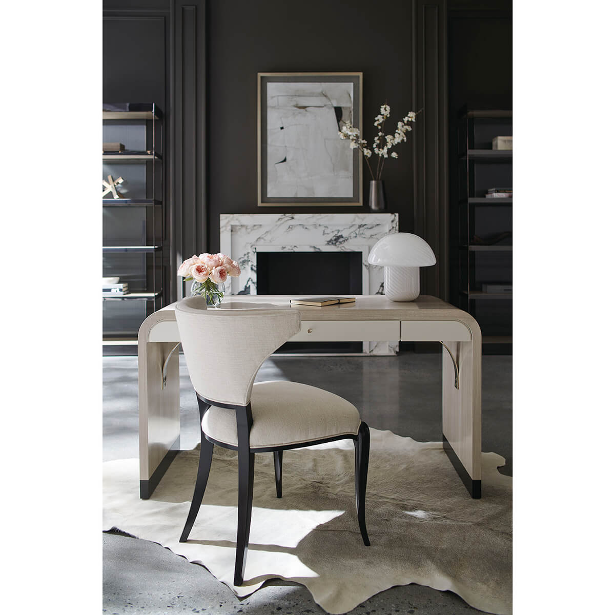 Herringbone desk front view featuring decor elements.