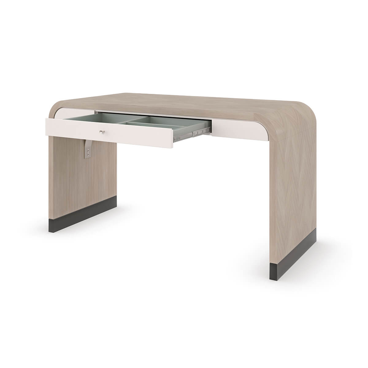 Herringbone desk showing open drawer and storage space.