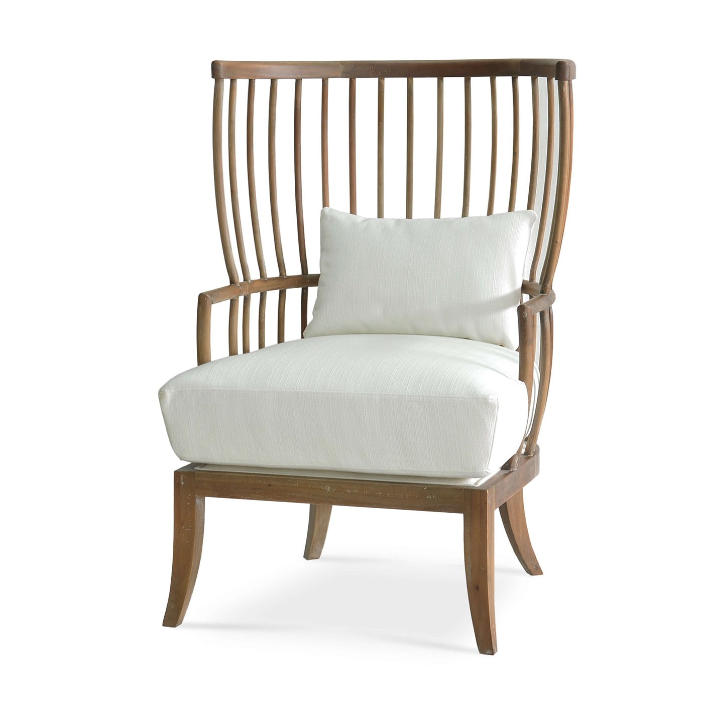 High-back spindle armchair angled view, white cushion.