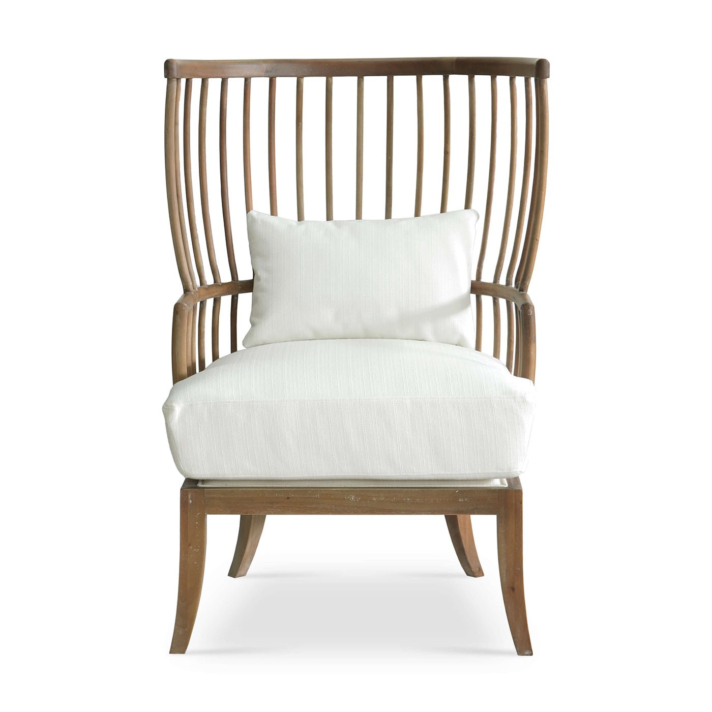 Front view of high-back spindle armchair, white cushion.