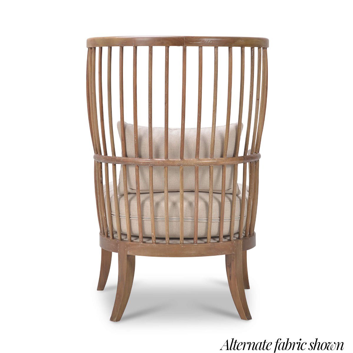 Back view of high-back spindle armchair, beige cushion.