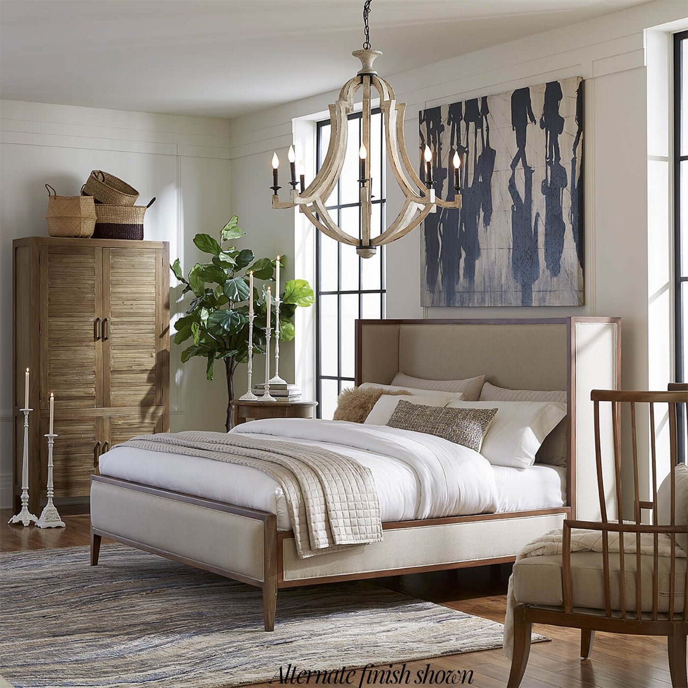 Bedroom scene with high-back spindle armchair, beige cushion.