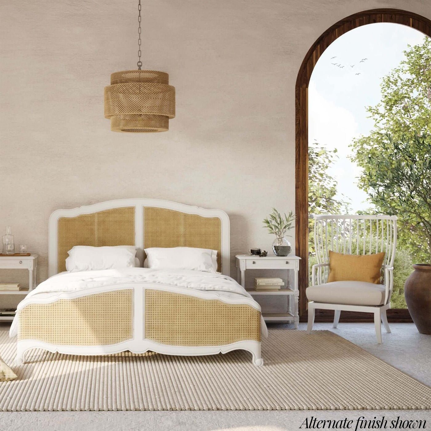 High-back spindle armchair in bright bedroom, beige cushion.