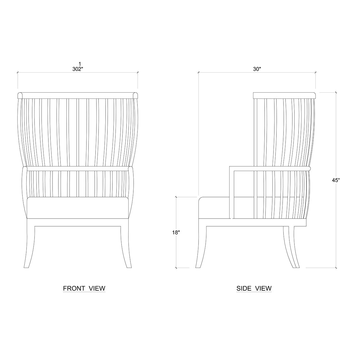 High back spindle armchair, line drawing dimensions shown.
