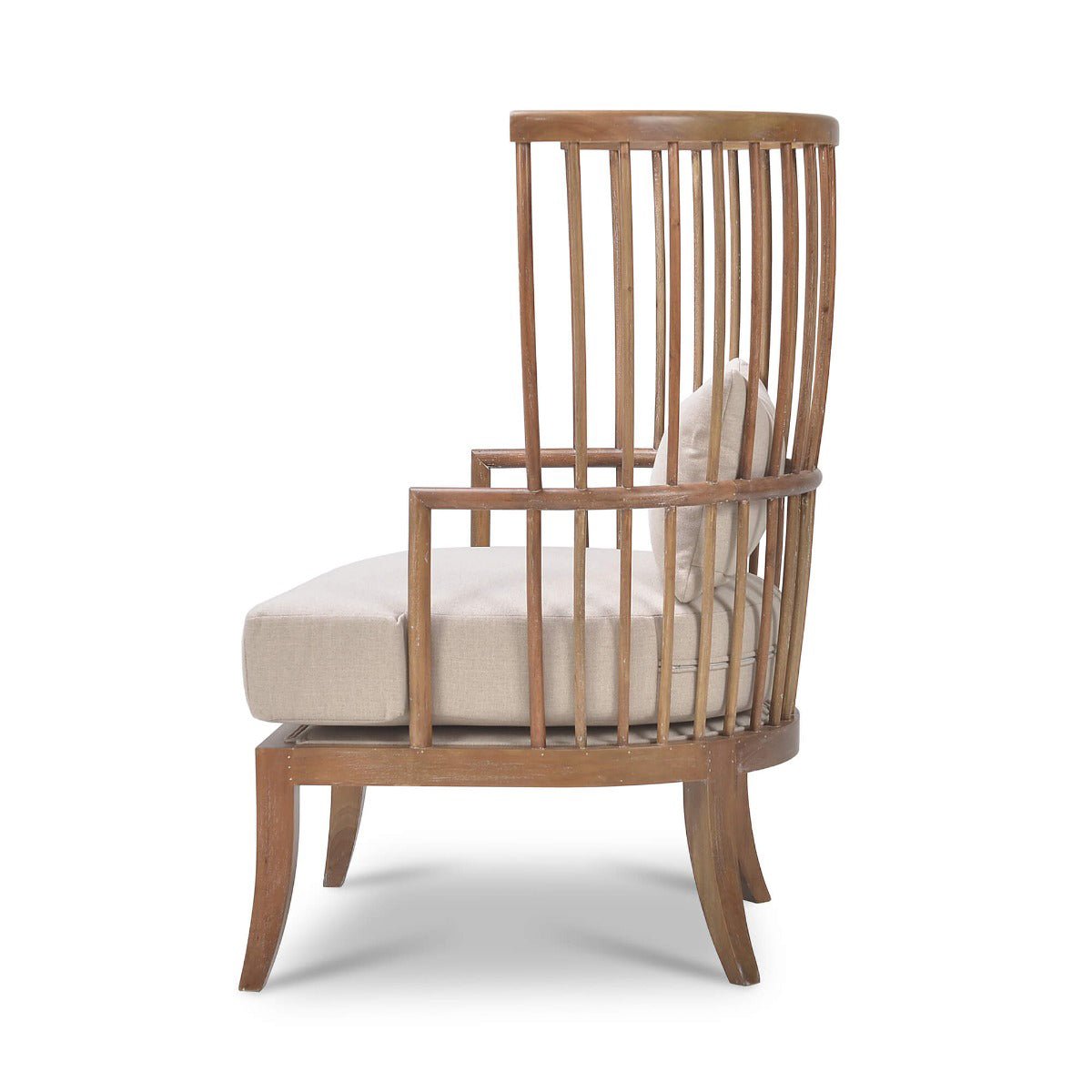 High back spindle armchair, side profile view.
