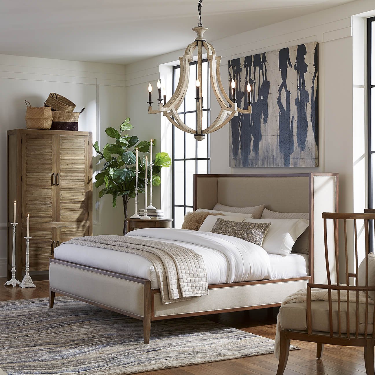 Bedroom with high back spindle armchair visible.