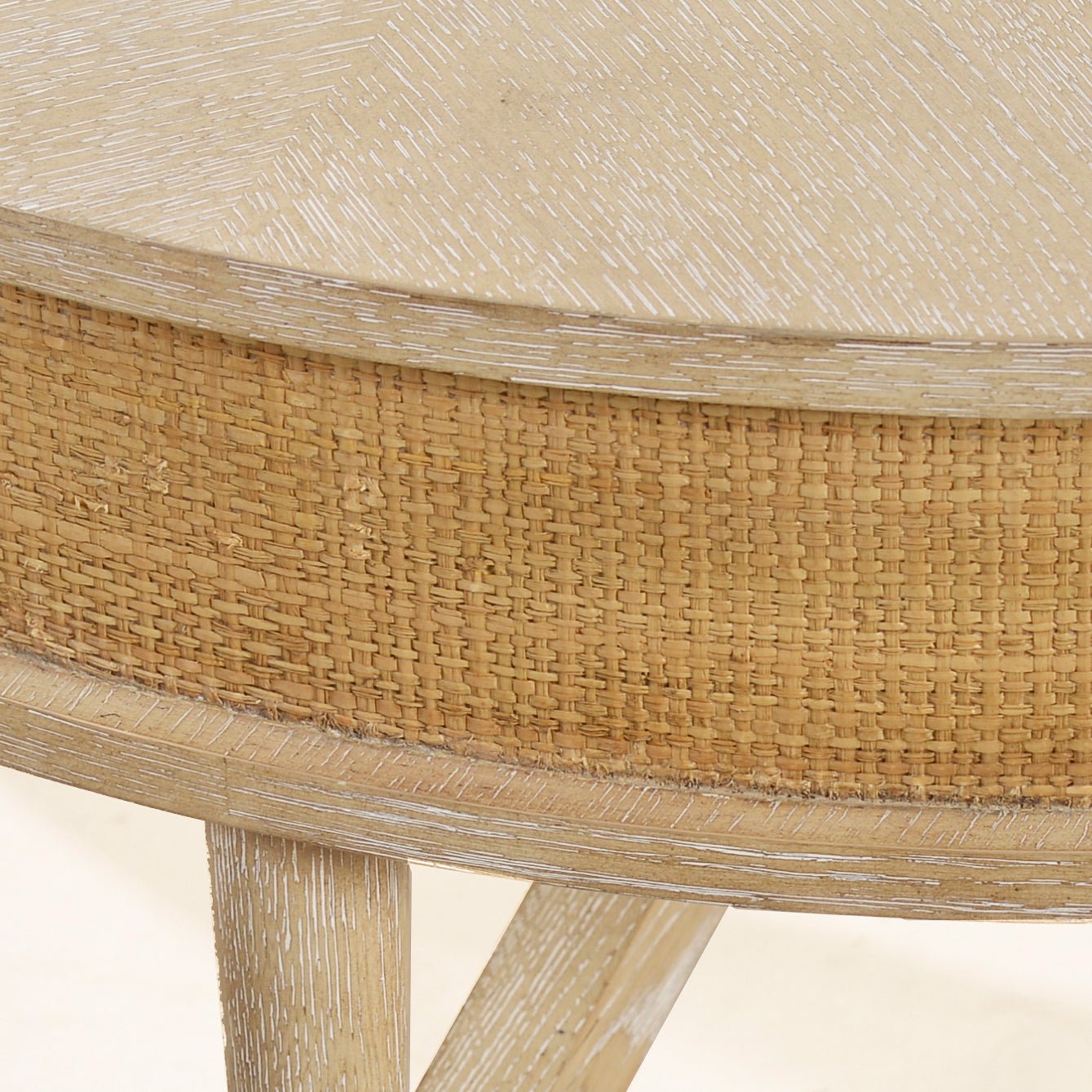 Close-up of woven design on coffee table side.