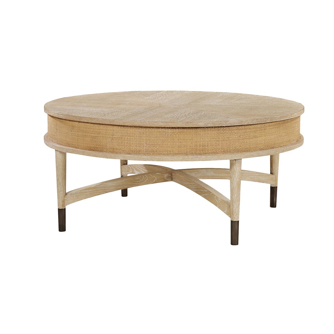 Round wood coffee table with woven detailing on sides.