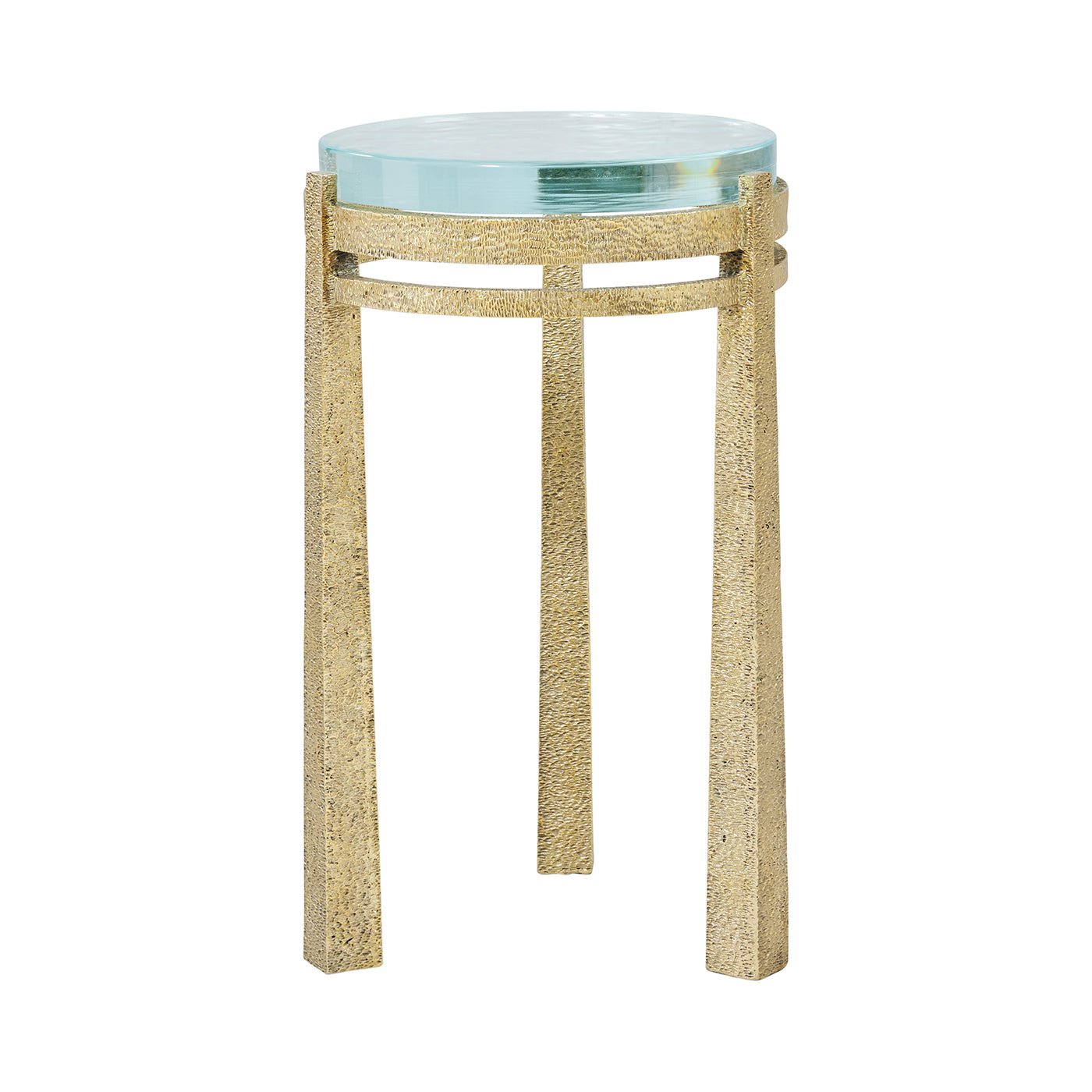 Elegant three-legged gold accent table, unique style.