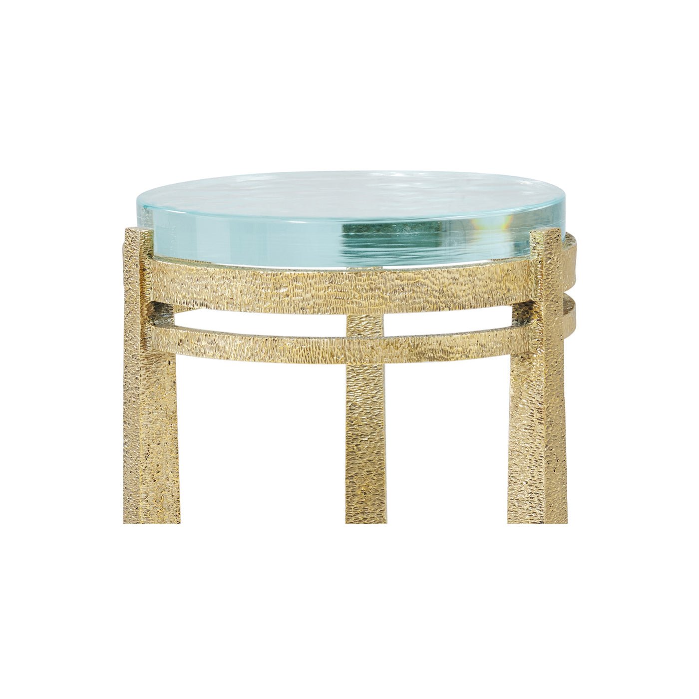Side view of gold accent table, glass top.