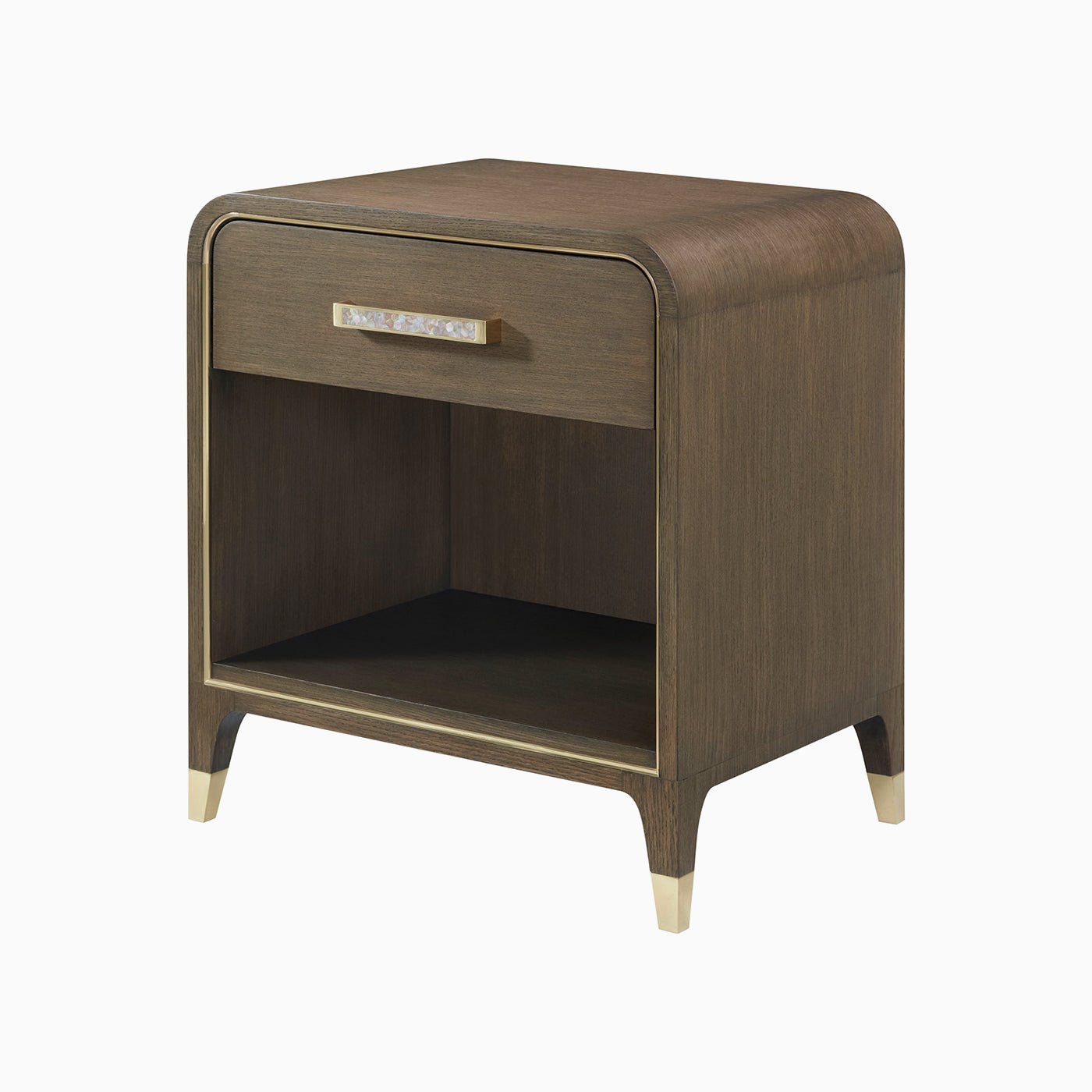 Elegant brown bedside table with drawer and shelf.