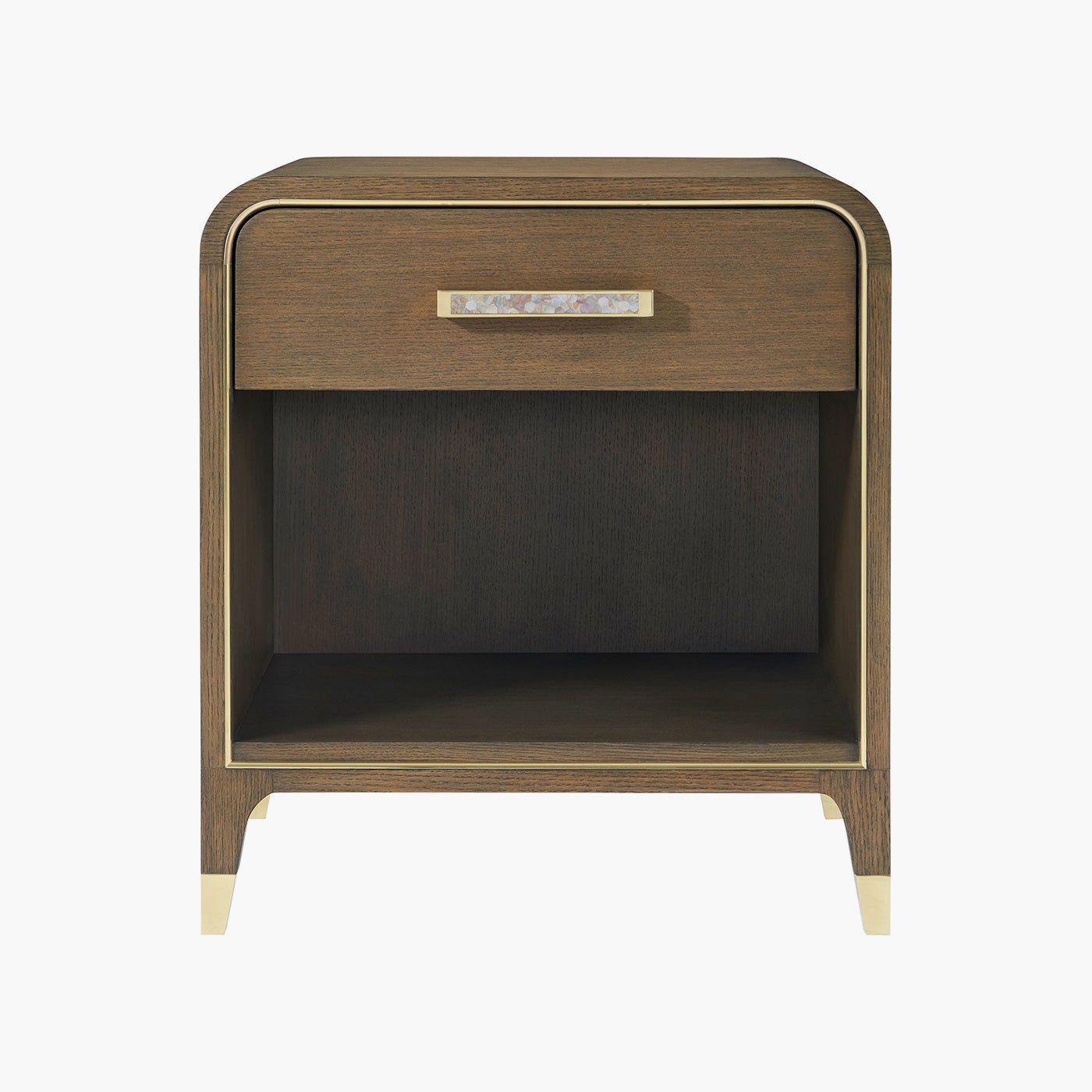 Front view of brown bedside table with drawer.