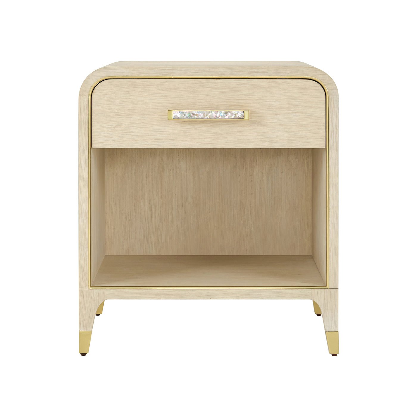 Front view of light finish bedside table.