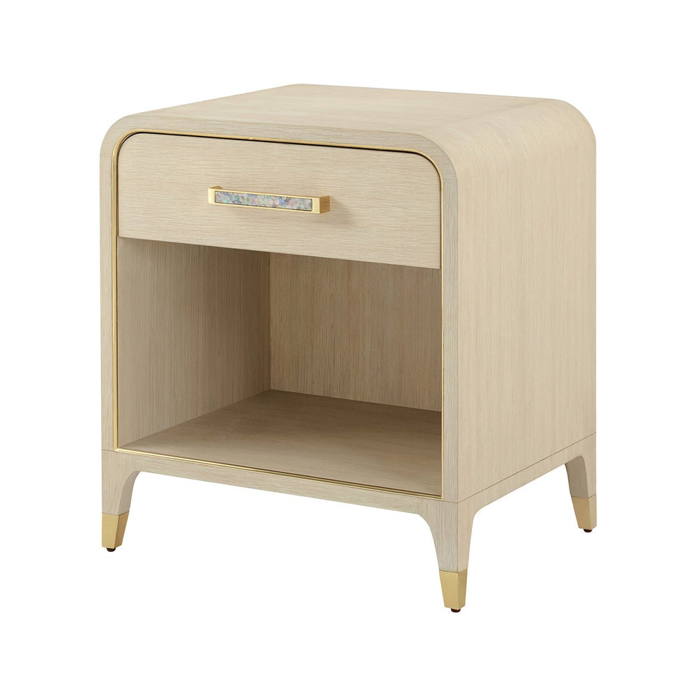 Light finish bedside table angled view.