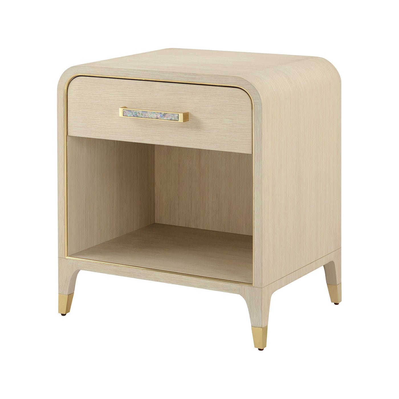 Light finish bedside table angled view.
