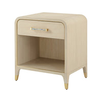 Light finish bedside table angled view.