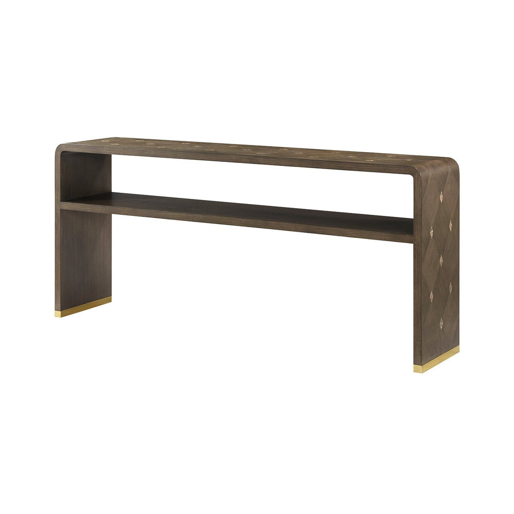 Hollywood Regency console table, angled front view.