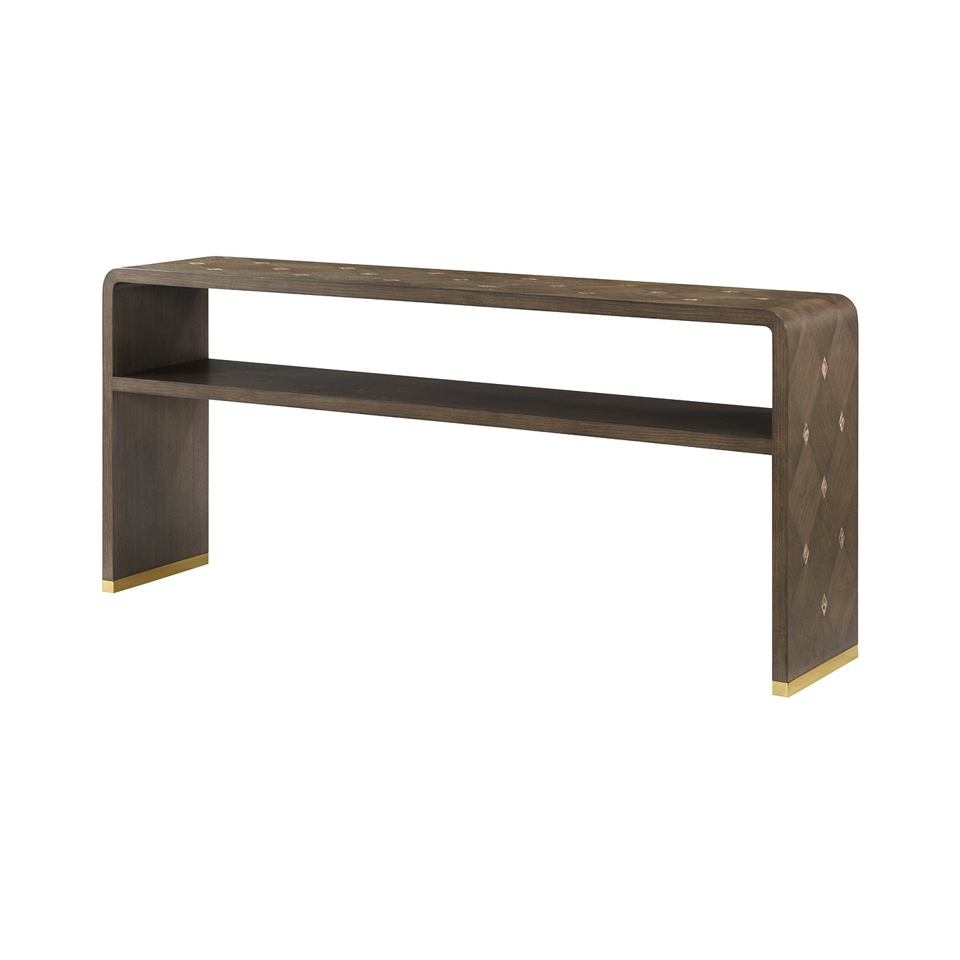 Hollywood Regency console table, angled front view.