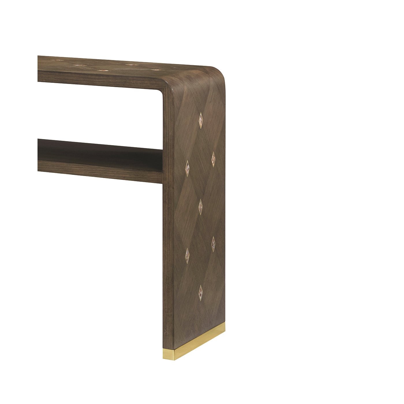 Hollywood Regency console table, detailed corner design.