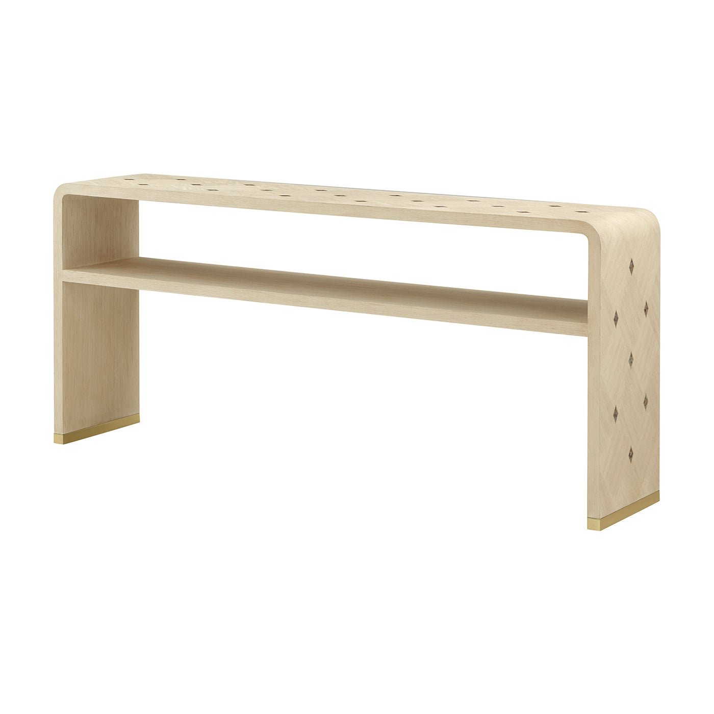 Light finish console table with decorative details top view.