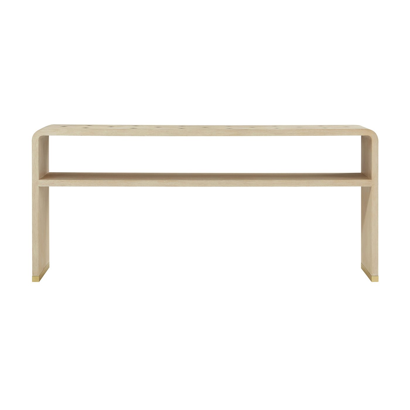 Front view of light finish Hollywood Regency console table.