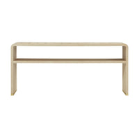 Front view of light finish Hollywood Regency console table.