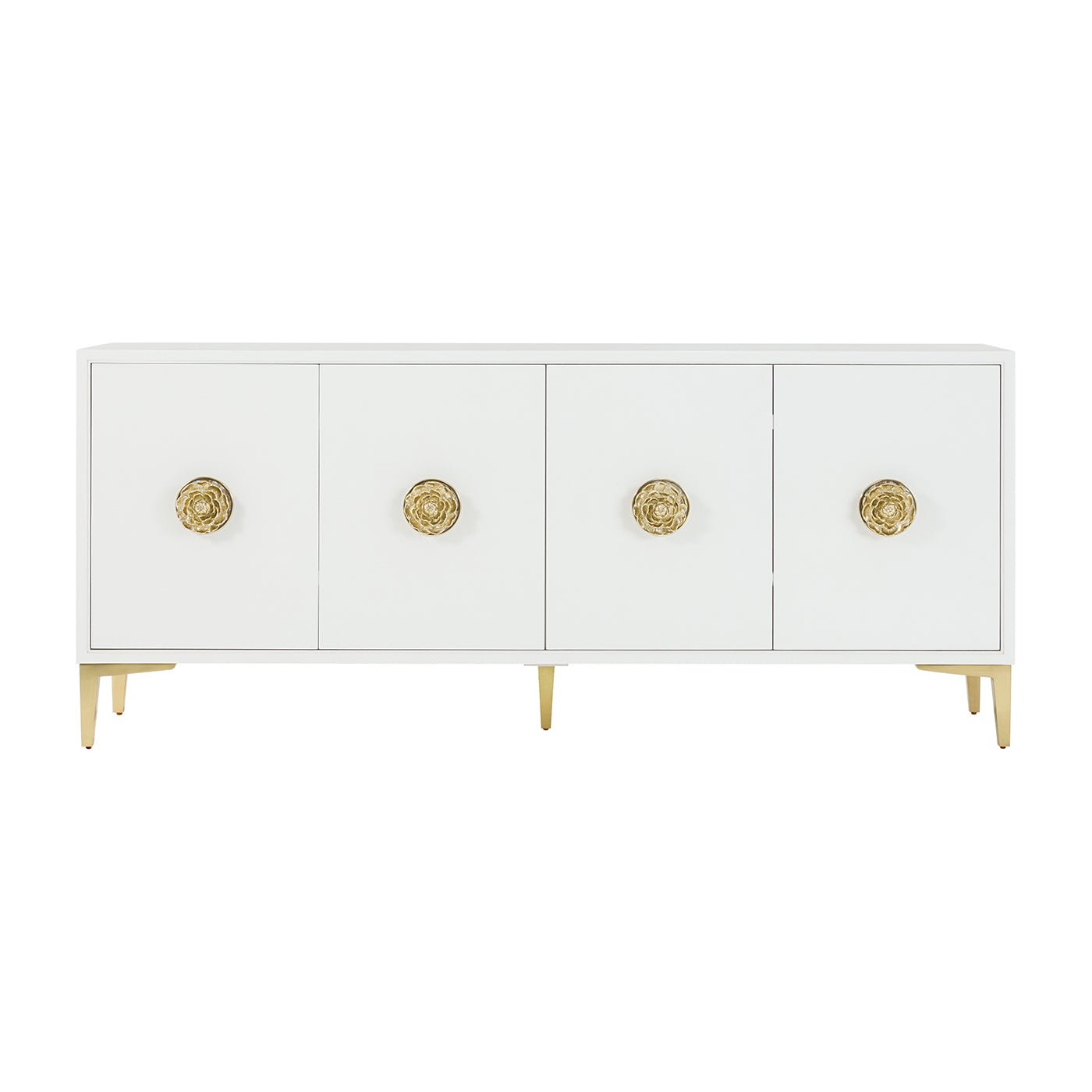 Front view of modern white sideboard, gold accents.