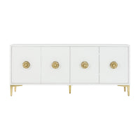 Front view of modern white sideboard, gold accents.