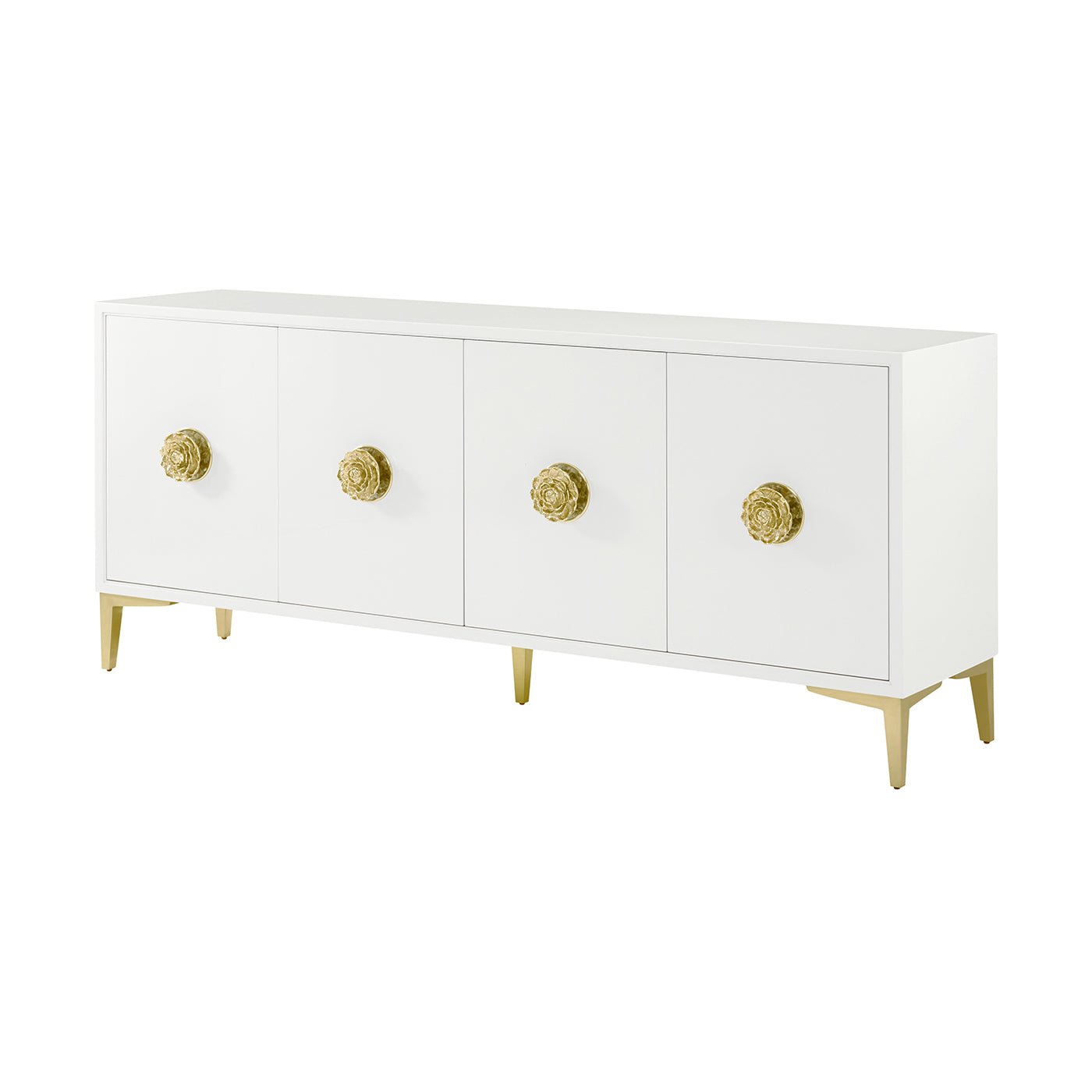 White sideboard with gold accents, angled view.
