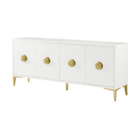 White sideboard with gold accents, angled view.