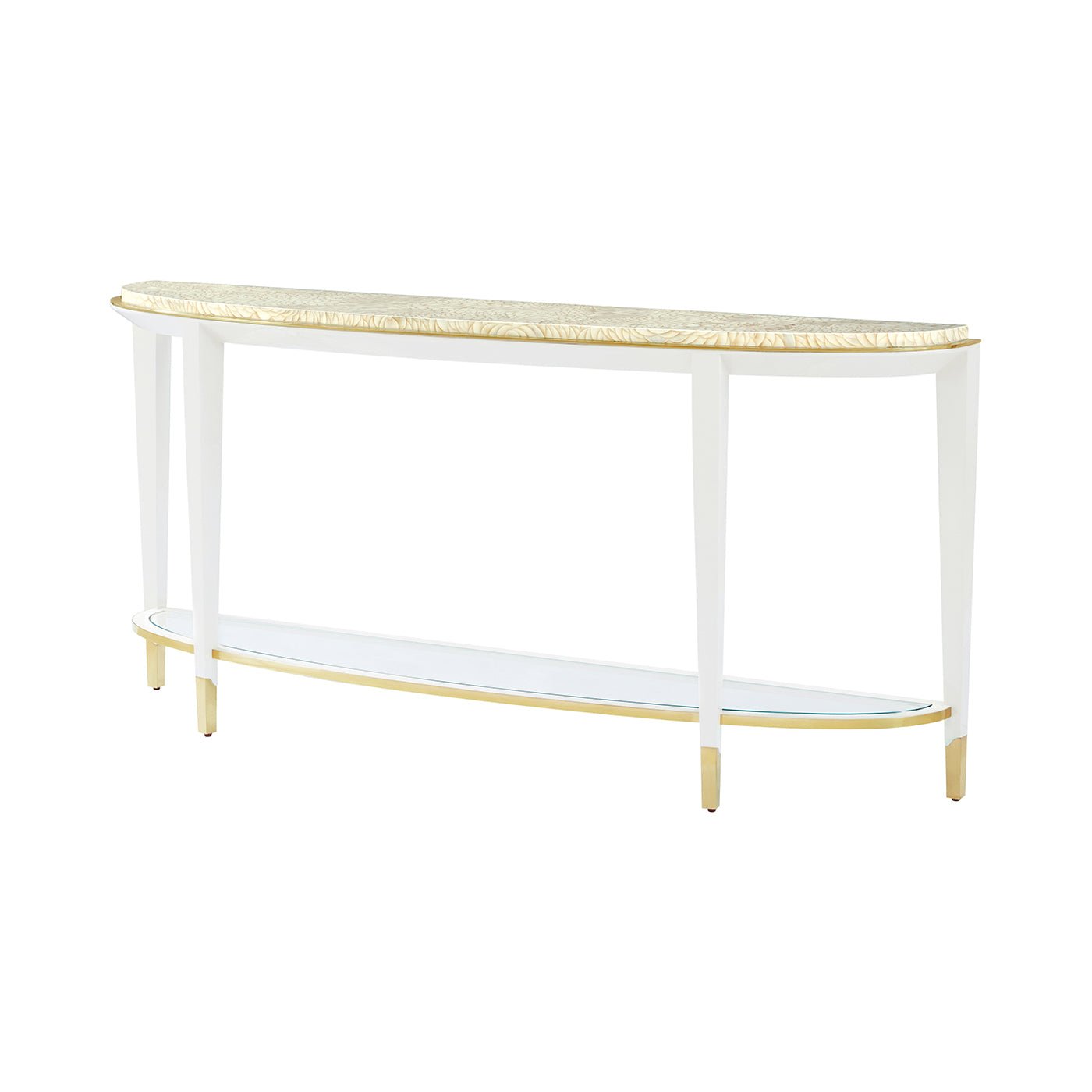 Sleek demilune console table, side angle view.