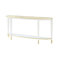 Sleek demilune console table, side angle view.