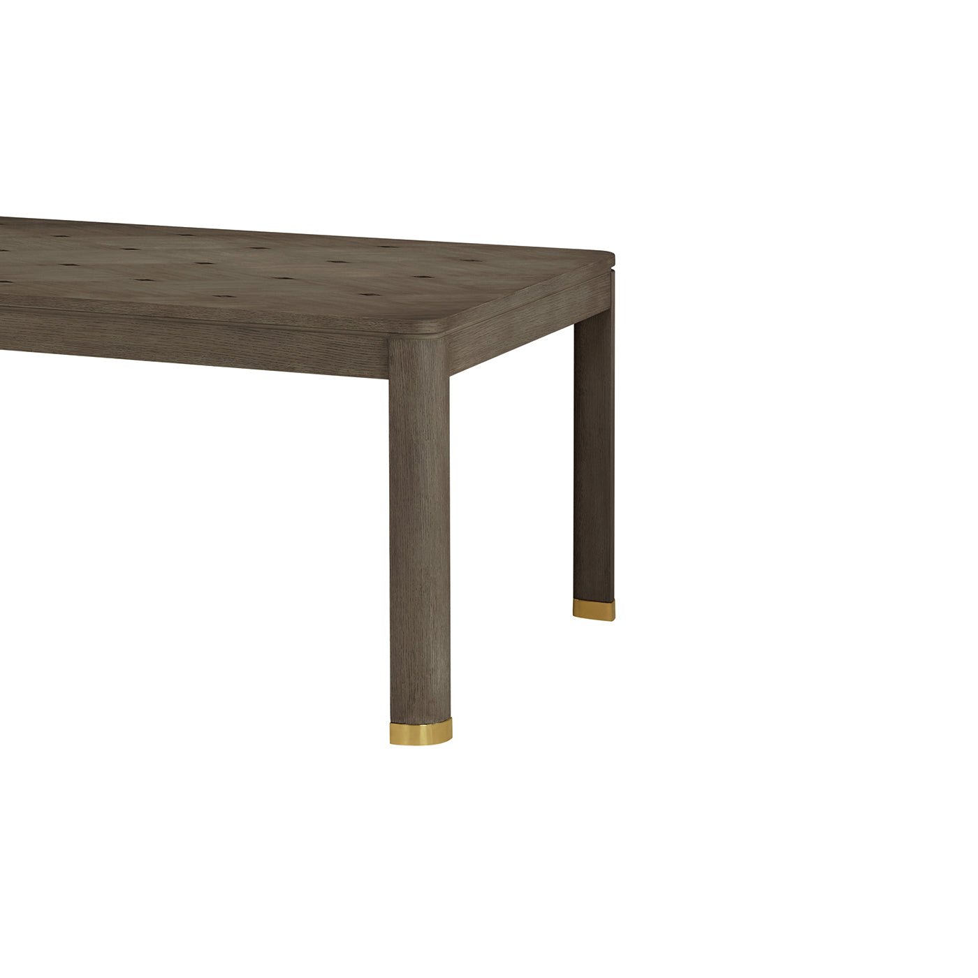 Close-up of dining table corner, gold-tipped legs.
