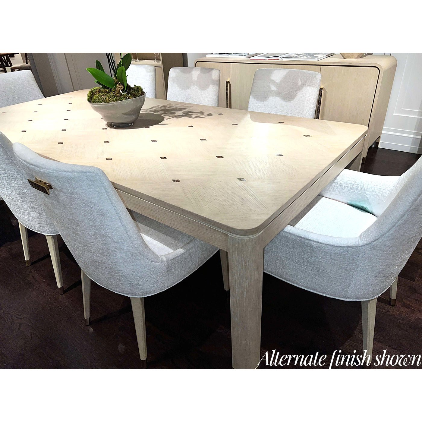 Dining table with chairs, alternate finish, detailed view.