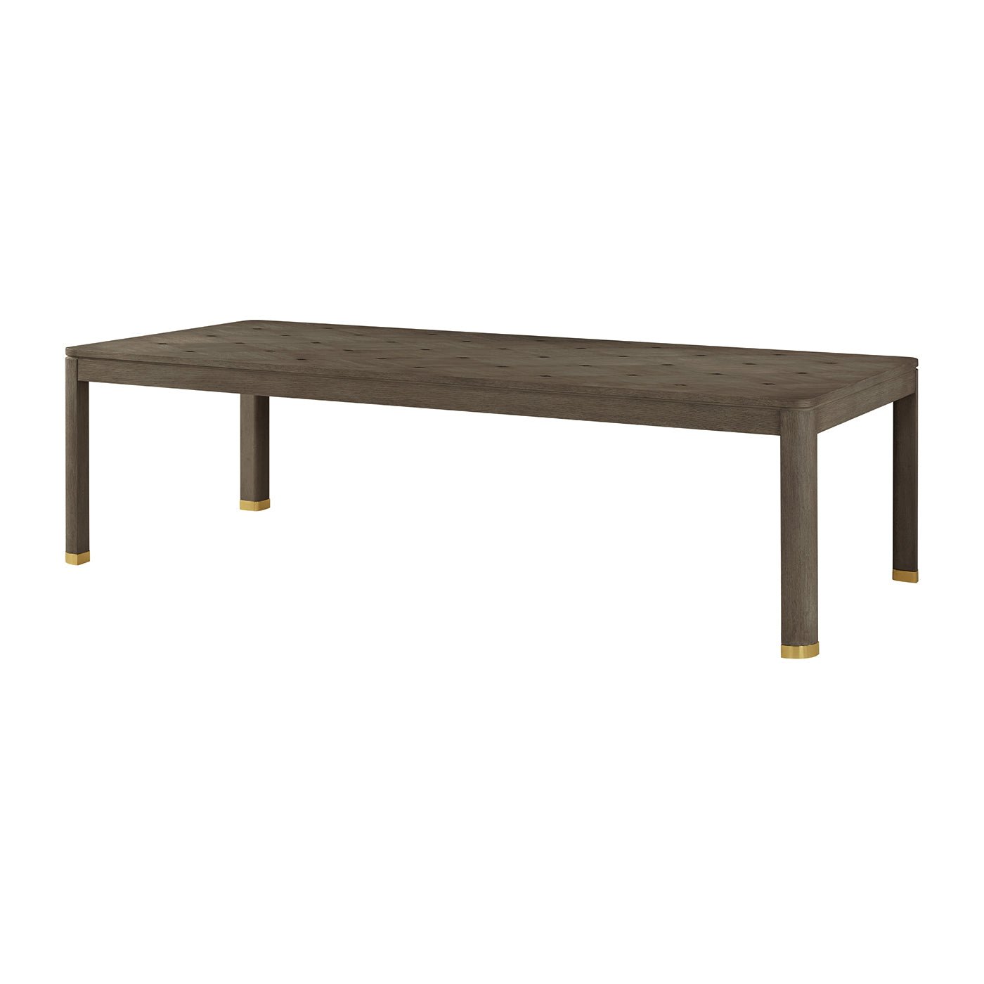 Dark wood dining table with gold accents, angled view.