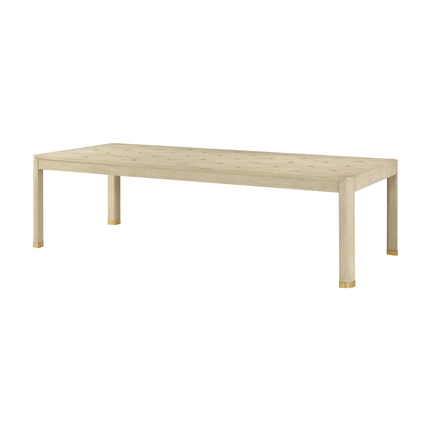 Light wood dining table, angled view, Hollywood Regency style.