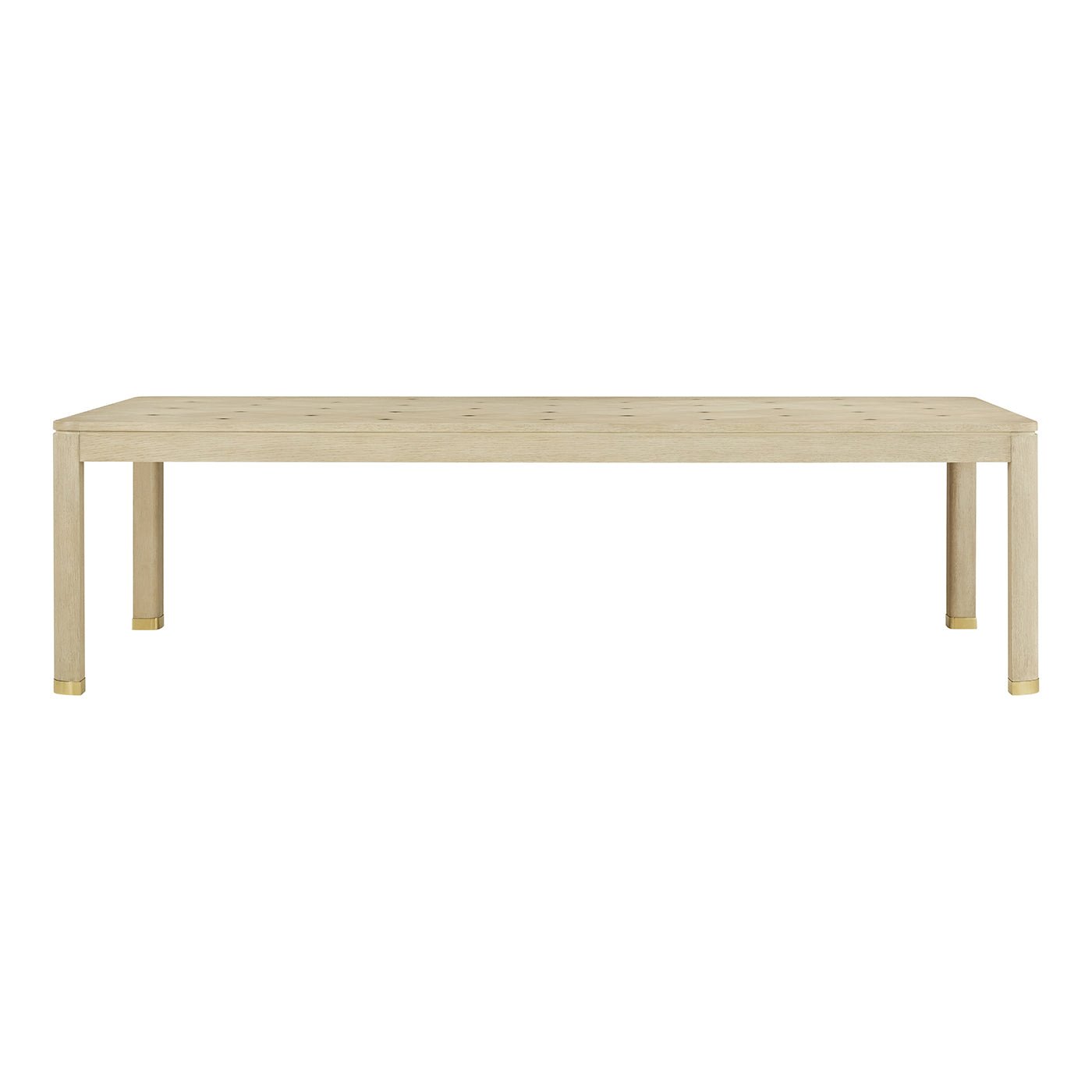 Straight view of light finish dining table, elegant design.