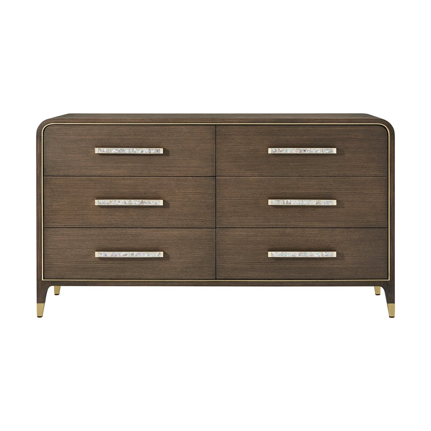 Front view of six-drawer dark wood dresser.