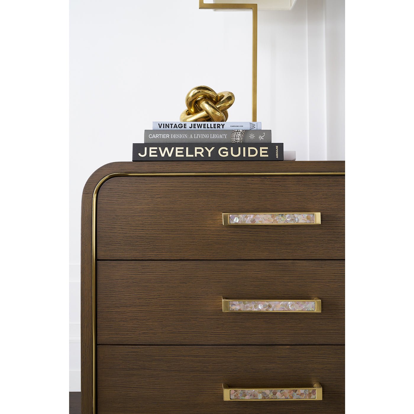 Close-up of dresser drawers with decorative handles.