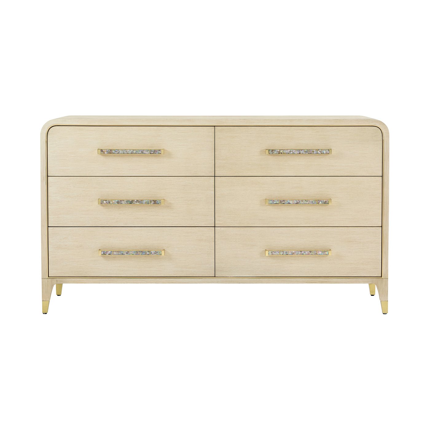 Front view of light wood dresser with six drawers.