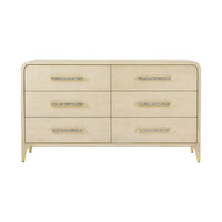 Front view of light wood dresser with six drawers.